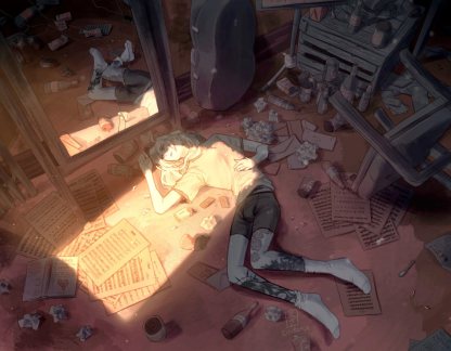 Print of Cellist from Boys Outta Luck! being angsty and depressed in his bedroom (as usual)