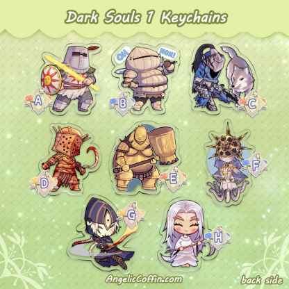 Dark Souls 1 keychain charms: Solaire, Siegmeyer, Artorias, Lautrec, Ornstein & Smough, Gwyndolin, Ciaran, Priscilla, back side