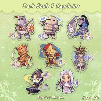 Dark Souls 1 keychain charms: Solaire, Siegmeyer, Artorias, Lautrec, Ornstein & Smough, Gwyndolin, Ciaran, Priscilla, front side