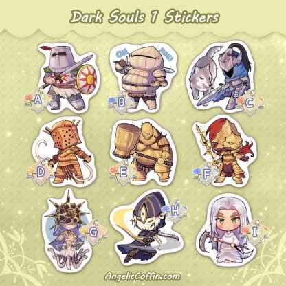 Dark Souls 1 vinyl stickers: Solaire, Siegmeyer, Artorias, Lautrec, Ornstein, Smough, Gwyndolin, Ciaran, Priscilla