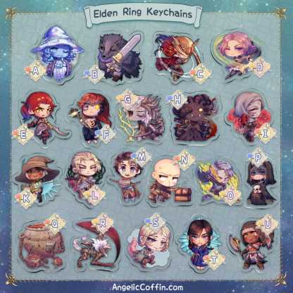 Elden Ring Keychain Charms backside Ranni, Blaidd, Malenia, Marika/Radagon, Morgott, Mohg, Varré, Sellen, Blackguard Boggart, Rya, Rogier, D Hunter of the Dead, Diallos, Vyke, Melina, Alexander, Patches, Maliketh, Fia, Millicent, Nepheli Loux