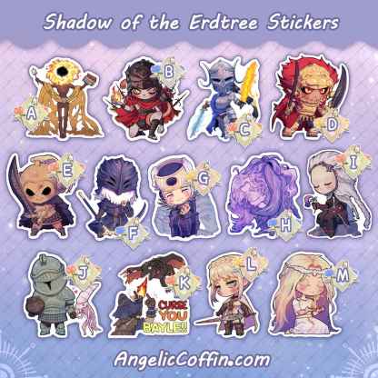 Elden Ring Shadow of the Erdtree DLC character sticker. Midra, Messmer, Rallana, Radahn, Freyja, Ansbach, Count Ymir, St. Trina, Thiollier, Moore, Igon & Bayle, Leda, Miquella