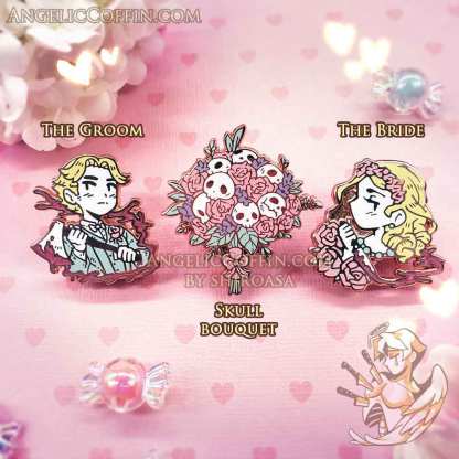 The Groom, Skull Bouquet, The Bride, wedding enamel pin set