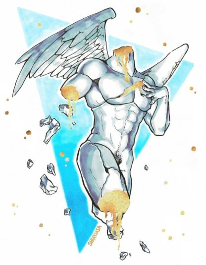 Inktober print of a broken stone angel