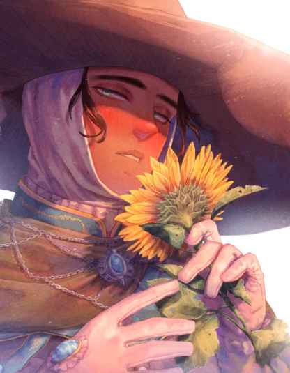 Elden Ring print of Sorcerer Rogier, holding a Golden Sunflower.