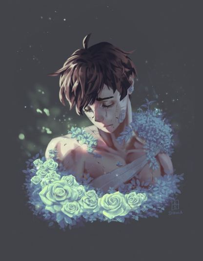 Print of a crumbling stone man.