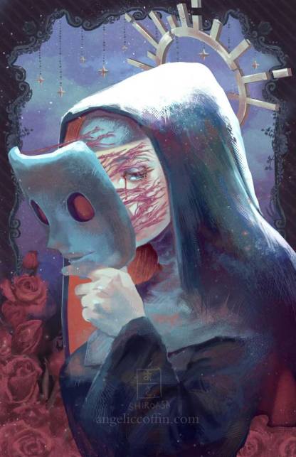 A poster of a nun wearing a mask who is hiding a secret.