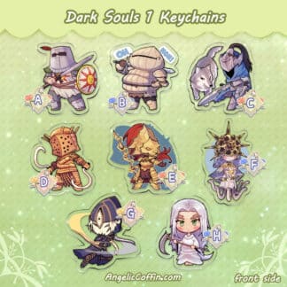 Dark Souls 1 keychain charms: Solaire, Siegmeyer, Artorias, Lautrec, Ornstein & Smough, Gwyndolin, Ciaran, Priscilla, front side