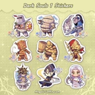 Dark Souls 1 vinyl stickers: Solaire, Siegmeyer, Artorias, Lautrec, Ornstein, Smough, Gwyndolin, Ciaran, Priscilla