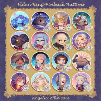 Elden Ring Cute pinback buttons: Ranni, Blaidd, Malenia, Morgott, Mohg, Varré, Patches, Rya, Rogier, Darian, Diallos, Alexander, Messmer, Miquella, Leda, or Thiollier