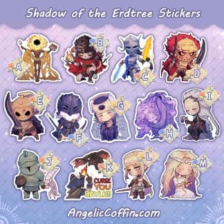 Elden Ring Shadow of the Erdtree DLC character sticker. Midra, Messmer, Rallana, Radahn, Freyja, Ansbach, Count Ymir, St. Trina, Thiollier, Moore, Igon & Bayle, Leda, Miquella