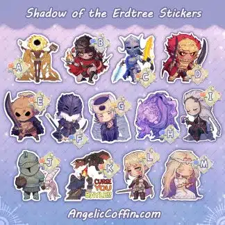 Elden Ring Shadow of the Erdtree DLC character sticker. Midra, Messmer, Rallana, Radahn, Freyja, Ansbach, Count Ymir, St. Trina, Thiollier, Moore, Igon & Bayle, Leda, Miquella