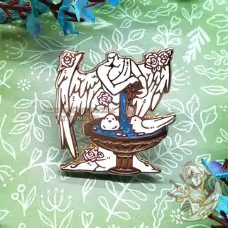 Enamel Pin Cleansing of the Emissaries, angel bird bath gold finish pin