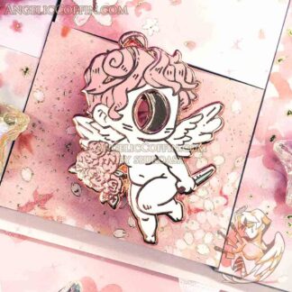Cherub of Omen enamel pin, creepy cute weirdcore pin, pink roses, lovecore pin, Rose Gold finish