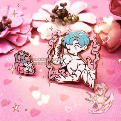 Gore angel with guts pin stitching themself back up, with a bandaged heart. Pastel gore aesthetic pins.