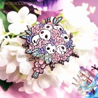 Skull Bouquet gothic enamel pin, creepy cute pin, pink roses, pastel goth, Rose Gold finish