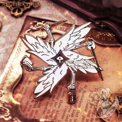 Wizened Seraph, a seraph who guards a library. Biblically accurate angel gothic enamel pin.