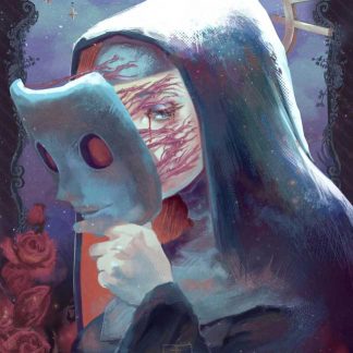 A poster of a nun wearing a mask who is hiding a secret.