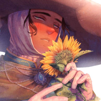 Elden Ring print of Sorcerer Rogier, holding a Golden Sunflower.