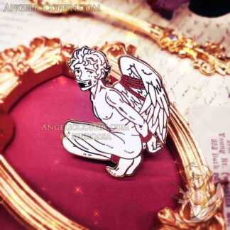 Bound Angel enamel pin of an angel who is gagged and tied. Angelcore aesthetic.