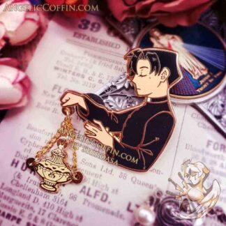 Christcore aesthetic pin, Divine Chalice gothic hard enamel pin, a priest holding a censer.