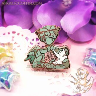 The Broken Treaty enamel pin, angel pin, pink roses, Rose Gold finish