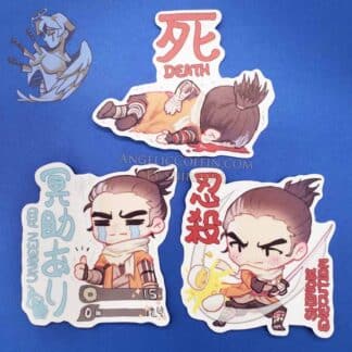Sekiro text sticker decals with Wolf: Death, Unseen Aid, and Shinobi Execution