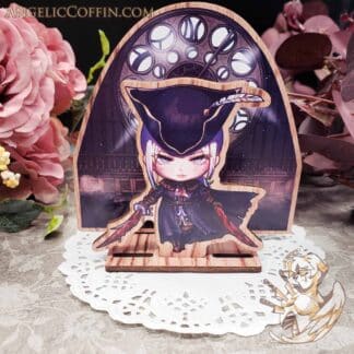 Bloodborne Lady Maria Wooden Standee, standing in front of her iconic chair with her Rakuyo