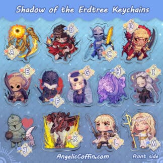 Elden Ring Shadow of the Erdtree DLC keychain charm. Midra, Messmer, Rallana, Radahn, Freyja, Ansbach, Count Ymir, St. Trina, Thiollier, Moore, Igon & Bayle, Leda, Miquella